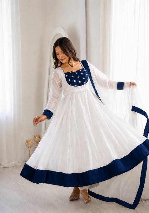 White And Royal Blue Embroidery Silk Anarkali Set