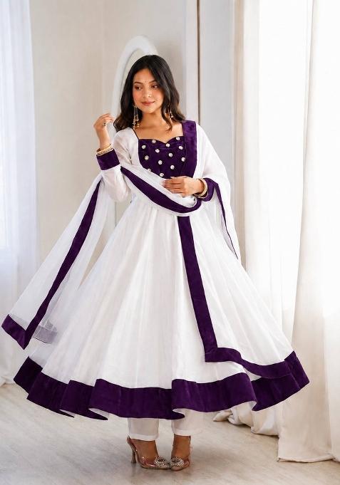 White And Purple Embroidery Silk Anarkali Set