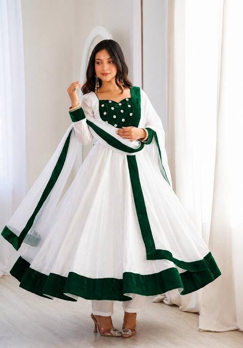 White And Bottle Green Embroidery Silk Anarkali Set