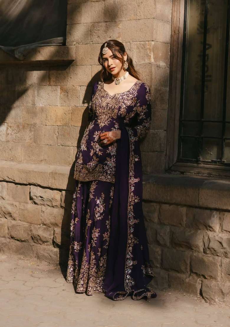 Purple Embroidery Chinon Palazzo Set - Indya