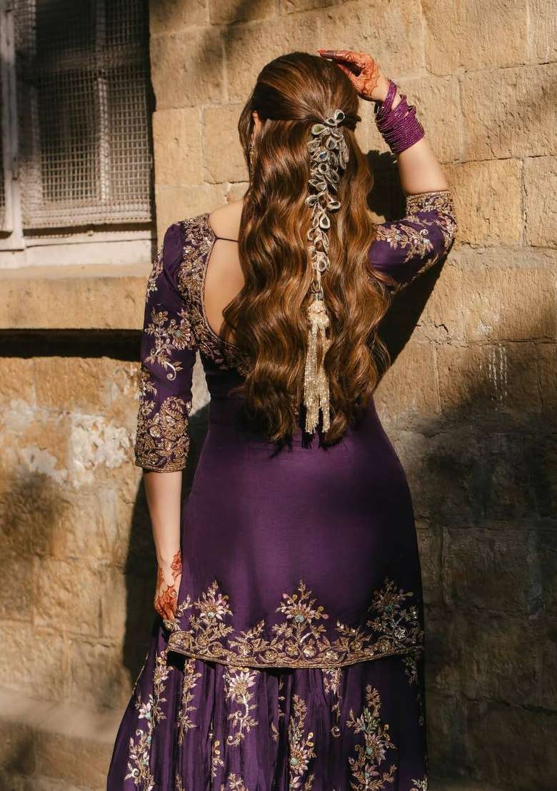 Purple Embroidery Chinon Palazzo Set - Indya