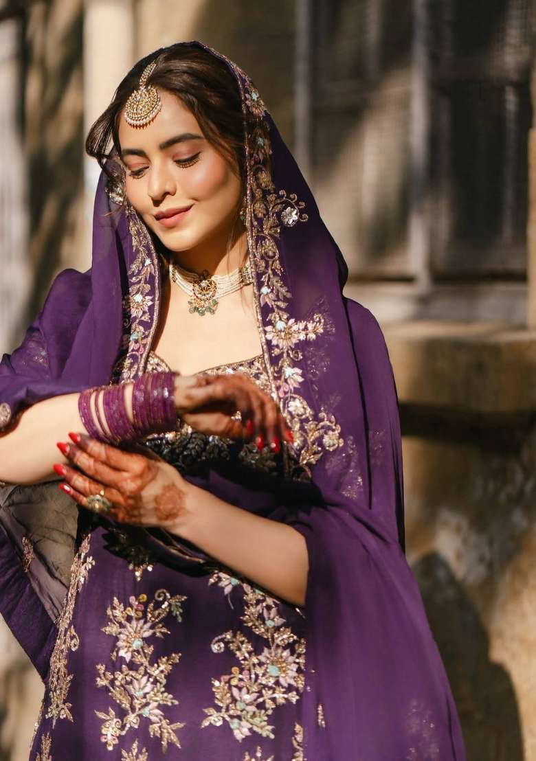 Purple Embroidery Chinon Palazzo Set - Indya