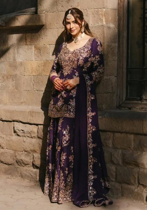 Purple Embroidery Chinon Palazzo Set
