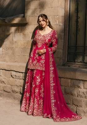 Hot Pink Embroidery Chinon Palazzo Set