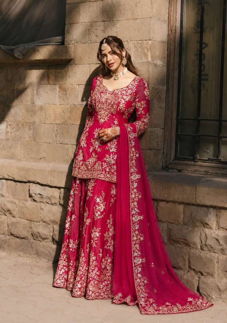 Hot Pink Embroidery Chinon Palazzo Set - Indya