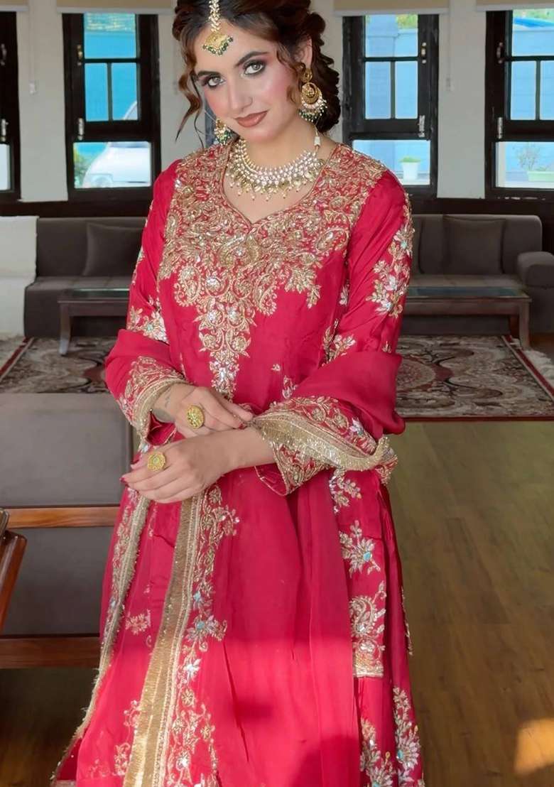Hot Pink Embroidery Chinon Palazzo Set - Indya