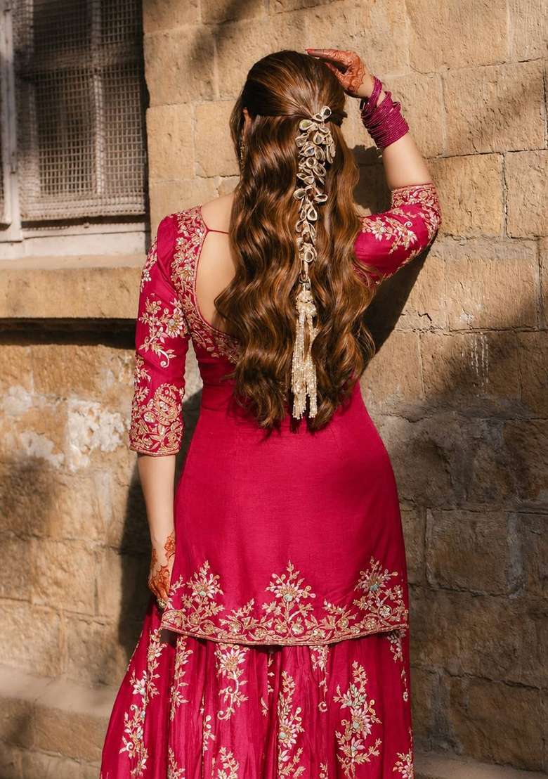 Hot Pink Embroidery Chinon Palazzo Set - Indya
