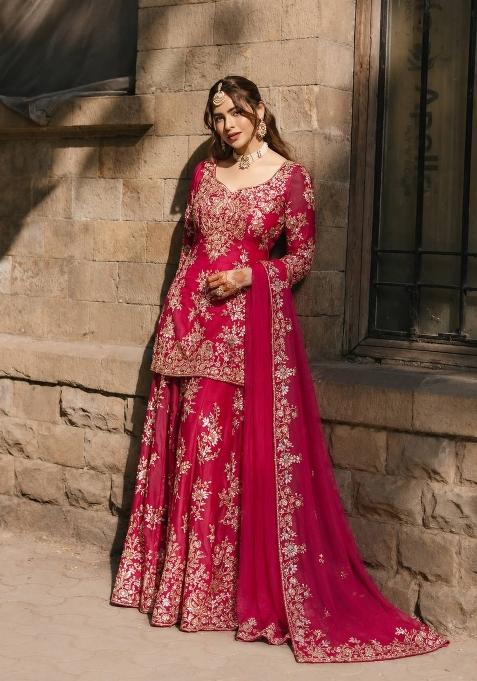 Hot Pink Embroidery Chinon Palazzo Set