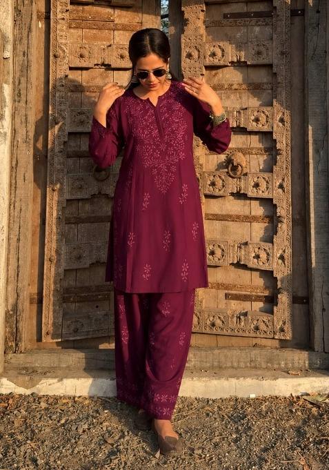 Rich Maroon Embroidery Cotton Kurta Set