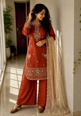 Rust Orange Embroidery Silk Palazzo Set
