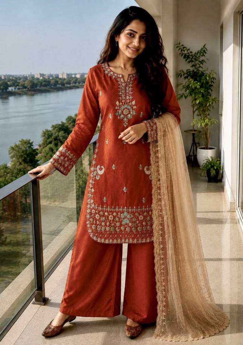 Rust Orange Embroidery Silk Palazzo Set - Indya