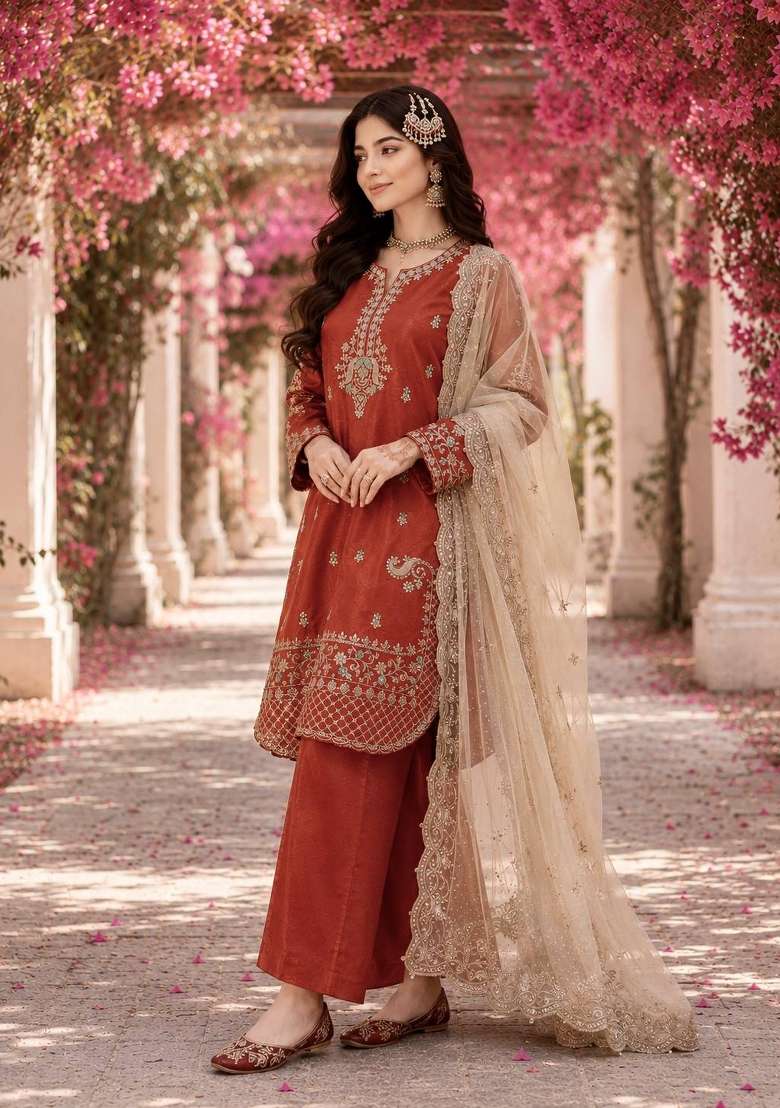 Rust Orange Embroidery Silk Palazzo Set - Indya