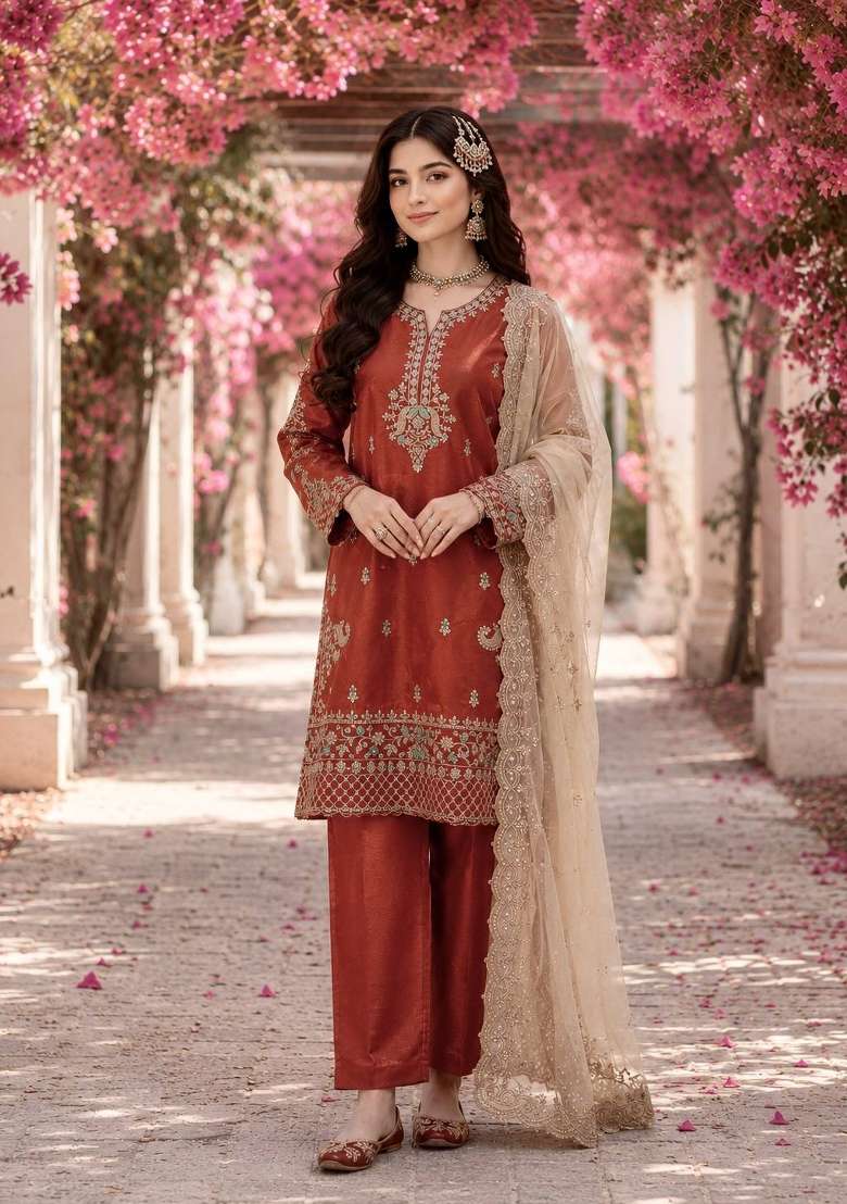 Rust Orange Embroidery Silk Palazzo Set - Indya