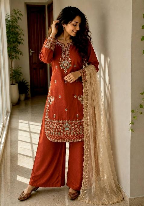 Rust Orange Embroidery Silk Palazzo Set