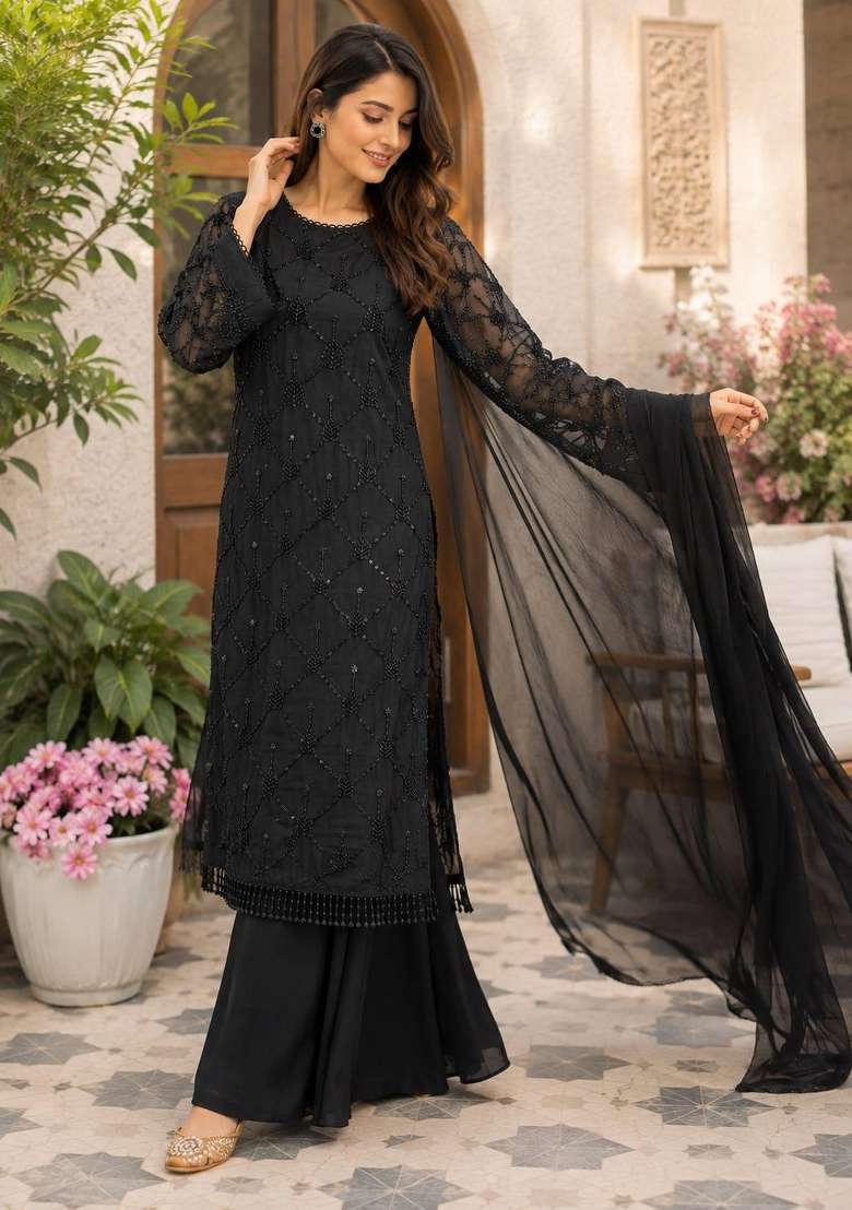 Black Embroidery Georgette Palazzo Set - Indya