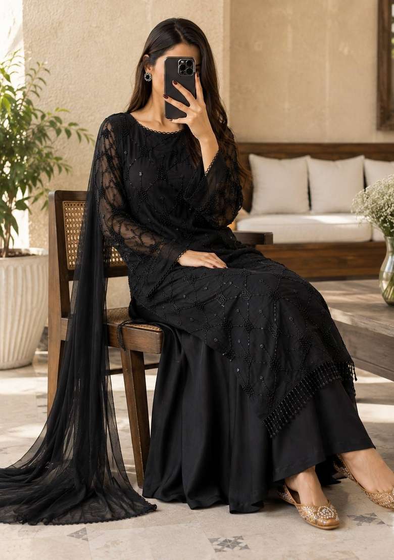Black Embroidery Georgette Palazzo Set - Indya