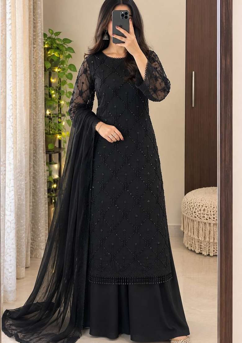 Black Embroidery Georgette Palazzo Set - Indya