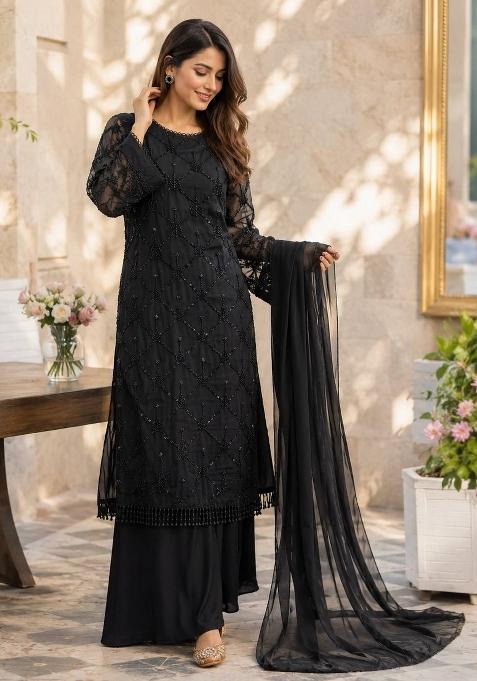 Black Embroidery Georgette Palazzo Set