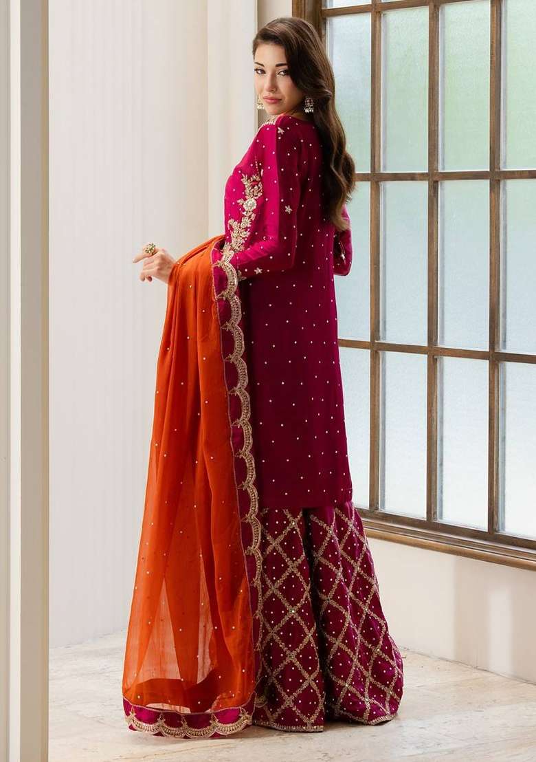 Magenta Pink And Rust Orange Embroidery Chinon Palazzo Set - Indya