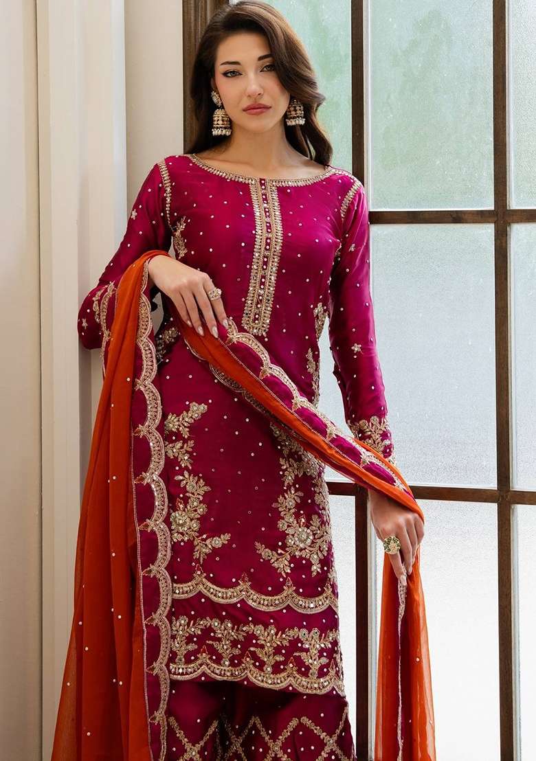 Magenta Pink And Rust Orange Embroidery Chinon Palazzo Set - Indya