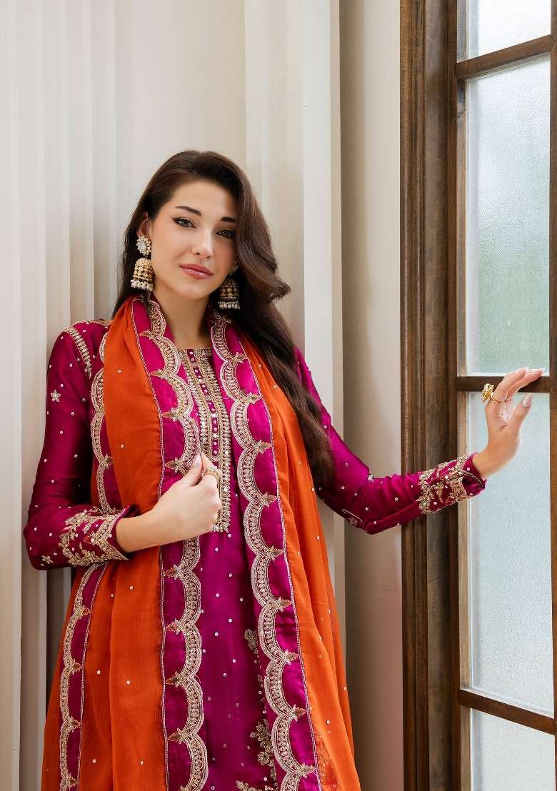 Magenta Pink And Rust Orange Embroidery Chinon Palazzo Set - Indya
