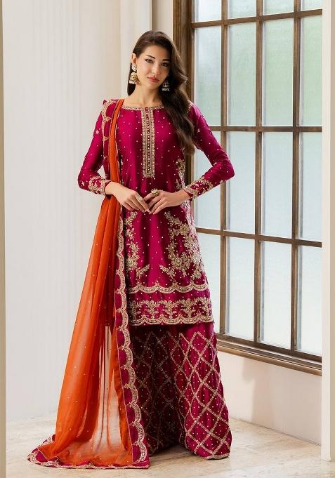 Magenta Pink And Rust Orange Embroidery Chinon Palazzo Set