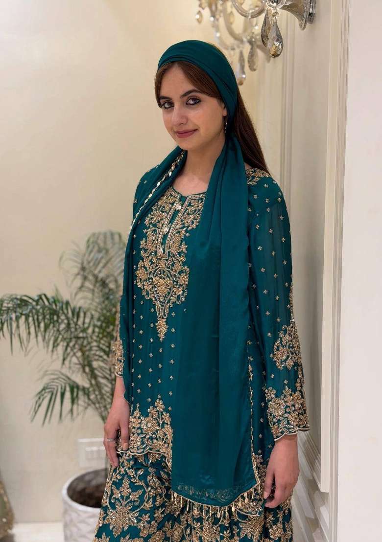 Peacock Blue Embroidery Georgette Palazzo Set - Indya