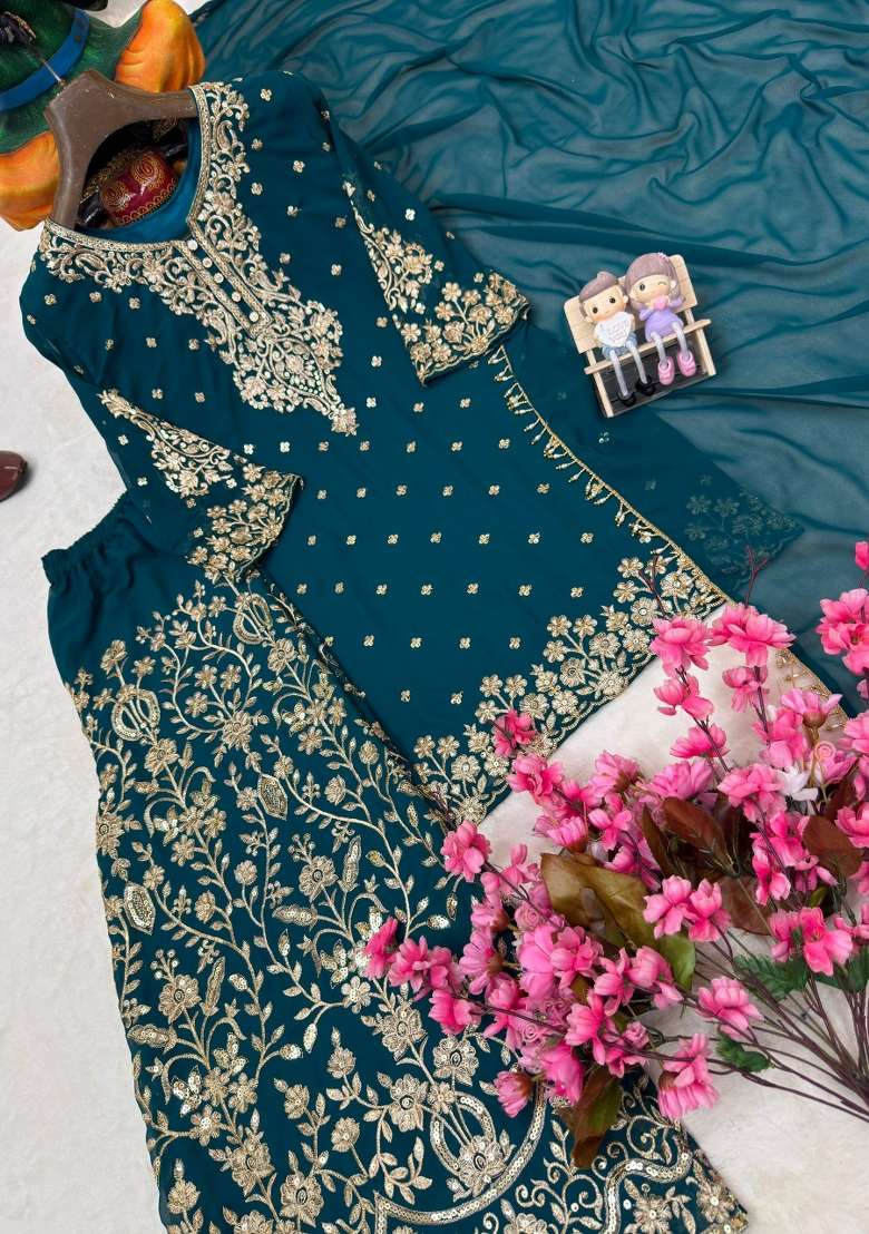 Peacock Blue Embroidery Georgette Palazzo Set - Indya
