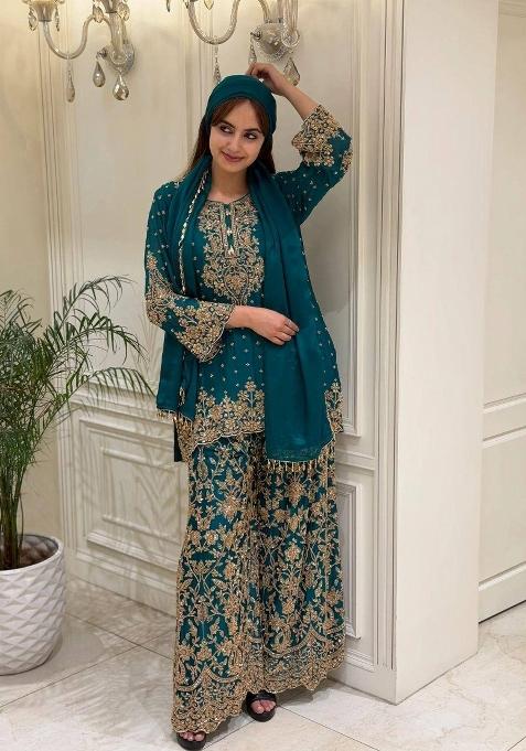 Peacock Blue Embroidery Georgette Palazzo Set