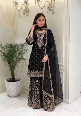 Jet Black Embroidery Georgette Palazzo Set