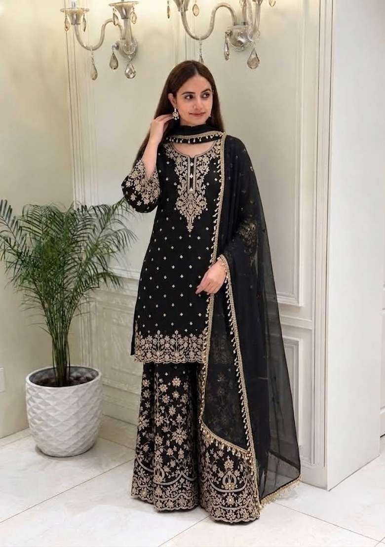 Jet Black Embroidery Georgette Palazzo Set - Indya