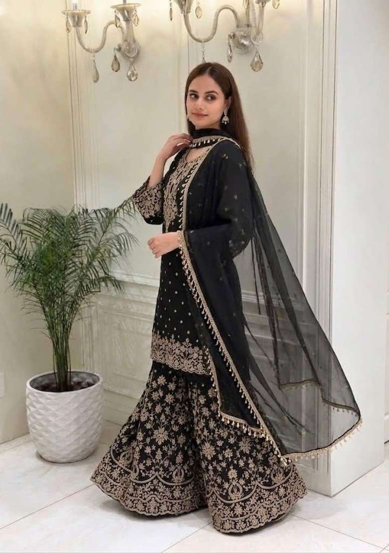 Jet Black Embroidery Georgette Palazzo Set - Indya