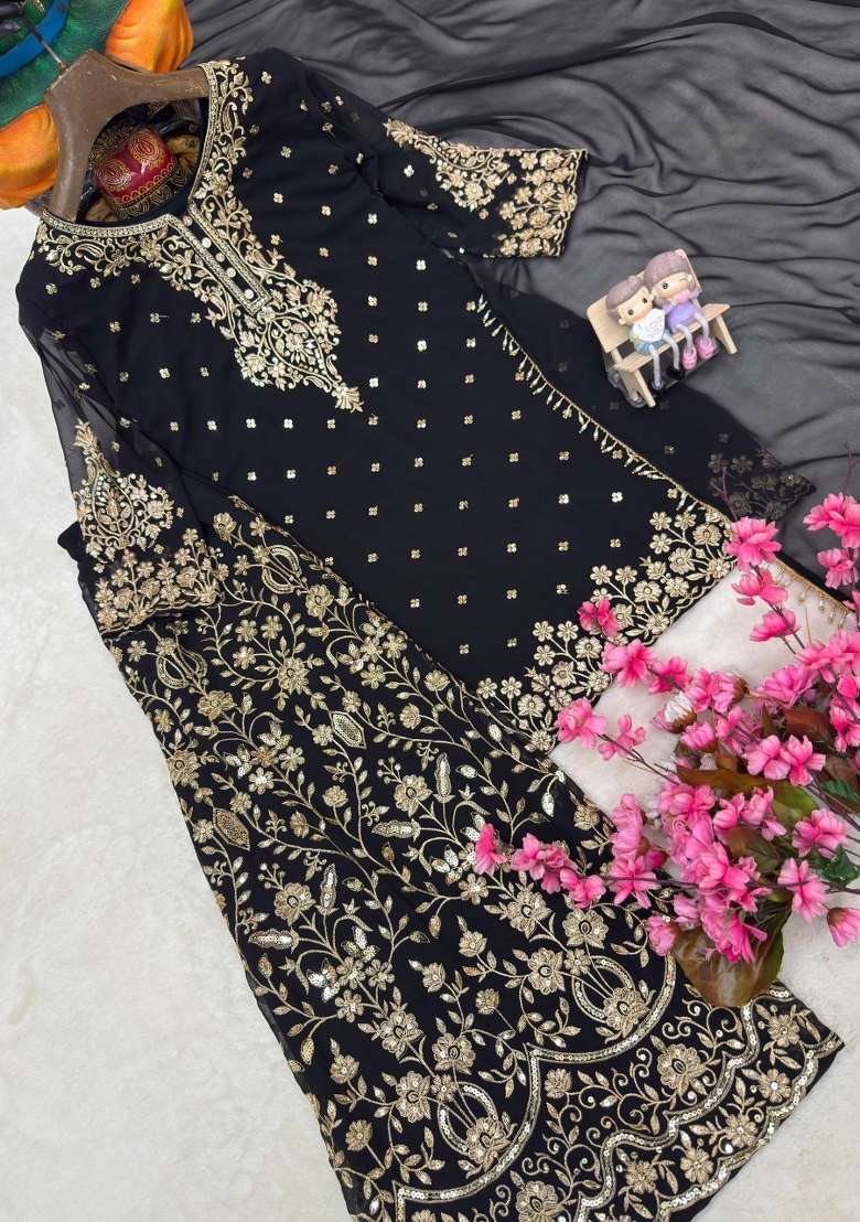 Jet Black Embroidery Georgette Palazzo Set - Indya