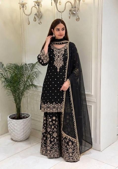 Jet Black Embroidery Georgette Palazzo Set