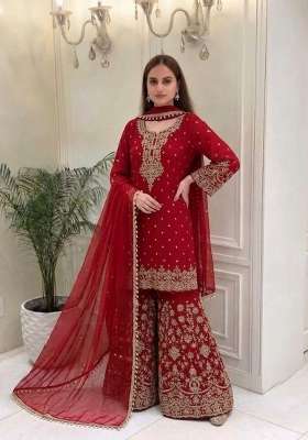 Crimson Red Embroidery Georgette Palazzo Set