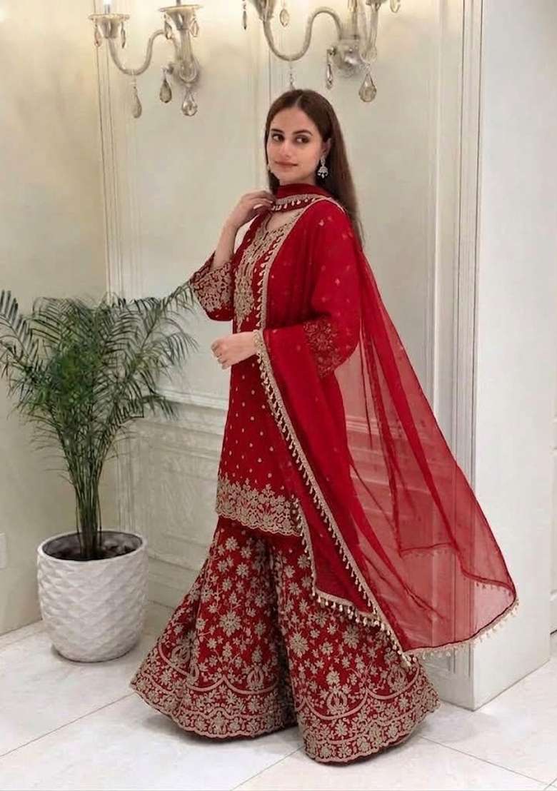 Crimson Red Embroidery Georgette Palazzo Set - Indya
