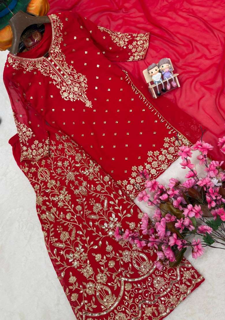 Crimson Red Embroidery Georgette Palazzo Set - Indya