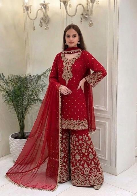 Crimson Red Embroidery Georgette Palazzo Set