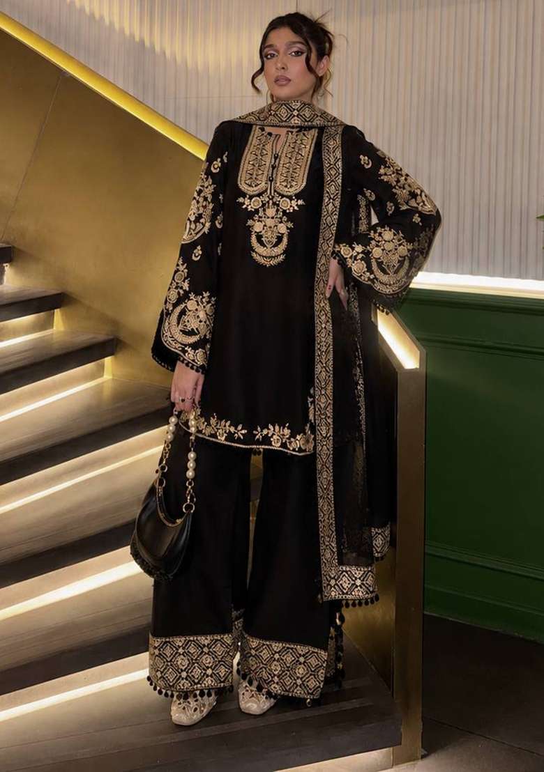 Black Embroidery Crepe Palazzo Set - Indya