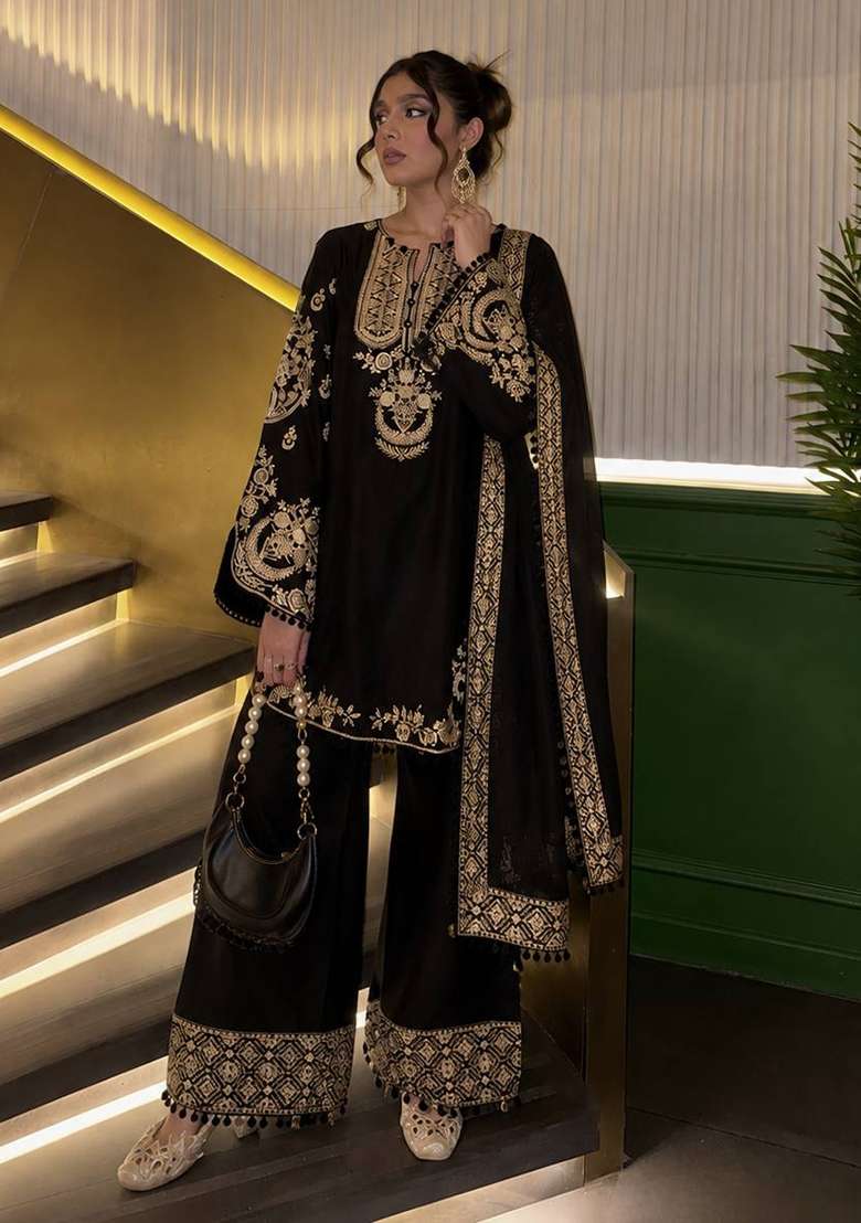 Black Embroidery Crepe Palazzo Set - Indya