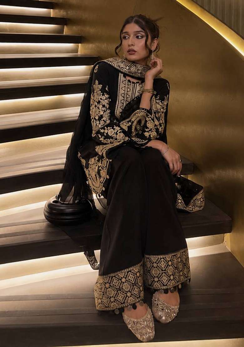 Black Embroidery Crepe Palazzo Set - Indya