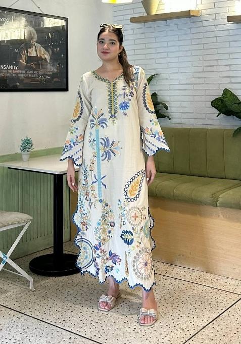 Off White Embroidery Silk Kaftan Set