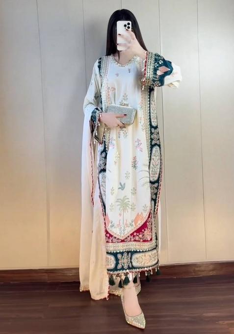 Off White Embroidery Silk Kaftan Set