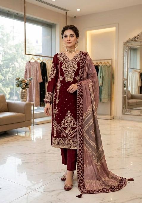 Deep Maroon Embroidery Georgette Kurta Set
