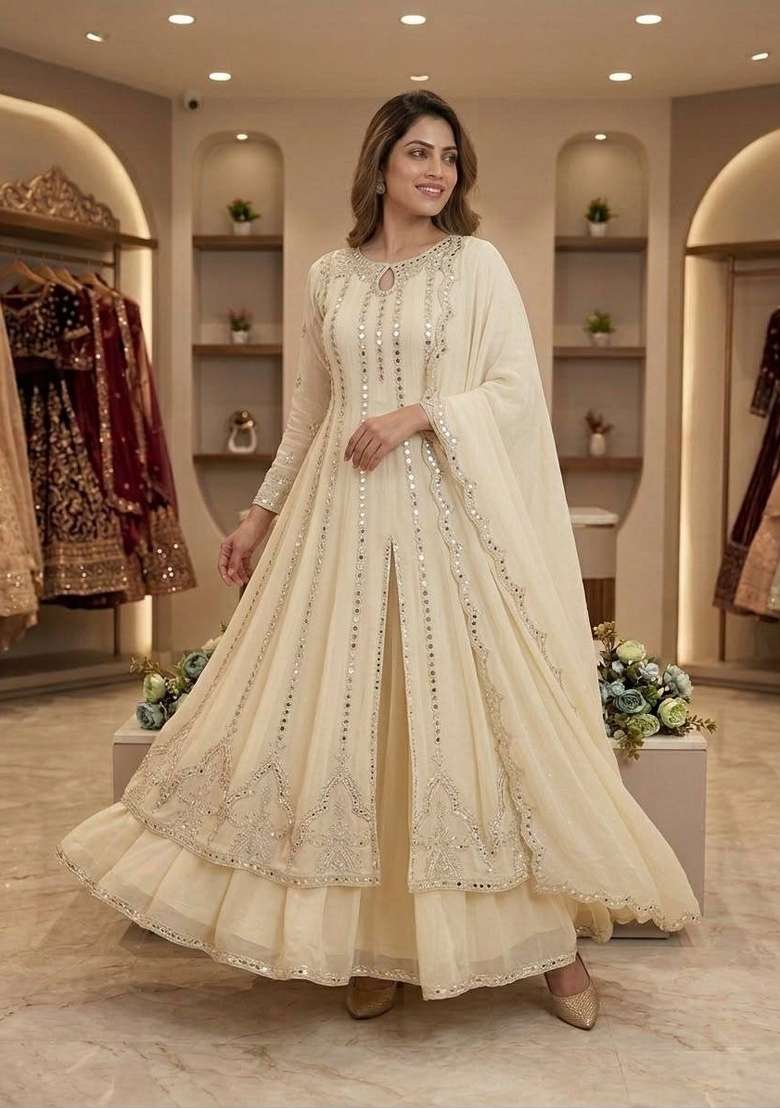 Warm Cream Embroidery Georgette Anarkali Set - Indya