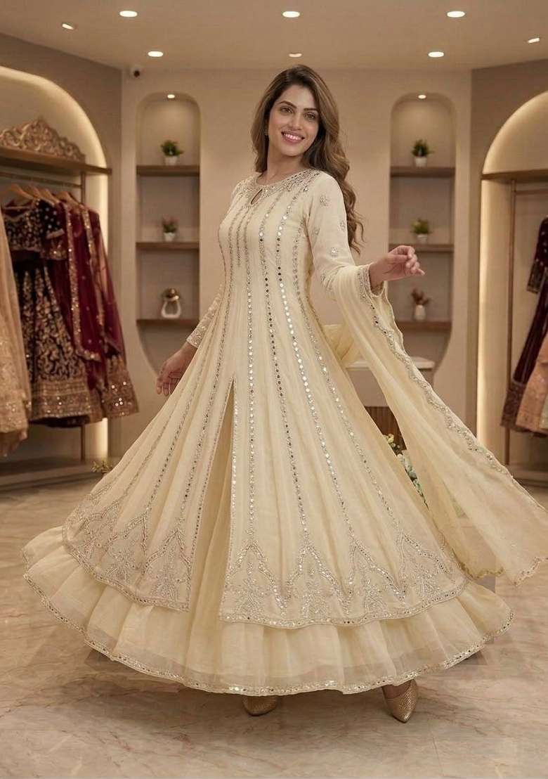 Warm Cream Embroidery Georgette Anarkali Set - Indya