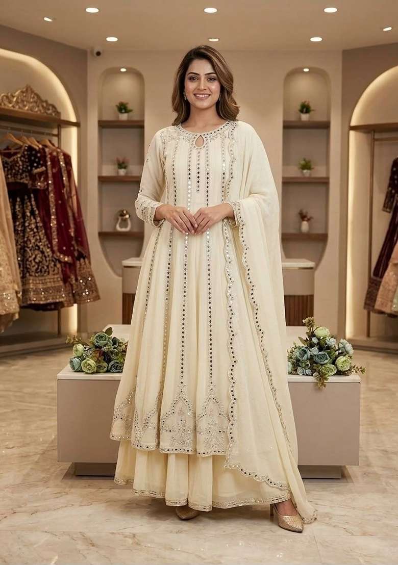 Warm Cream Embroidery Georgette Anarkali Set - Indya