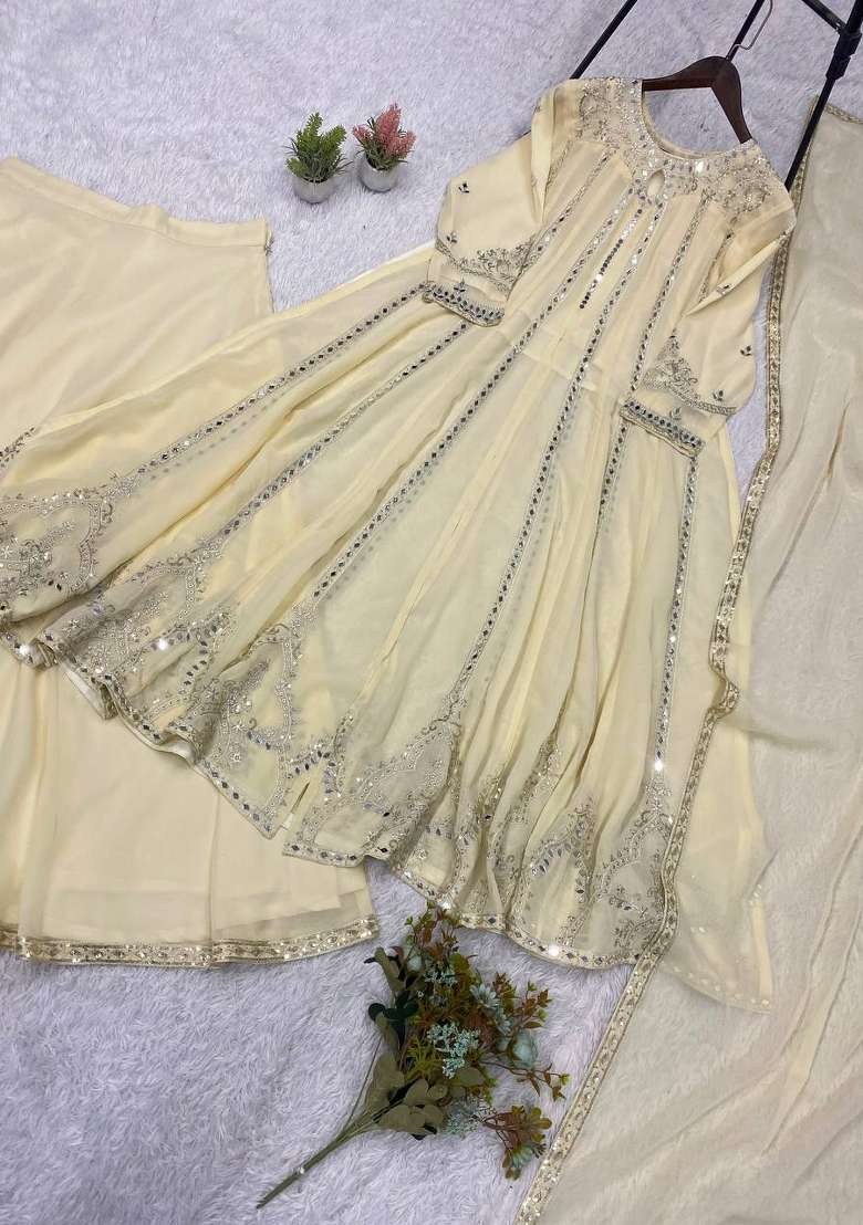 Warm Cream Embroidery Georgette Anarkali Set - Indya