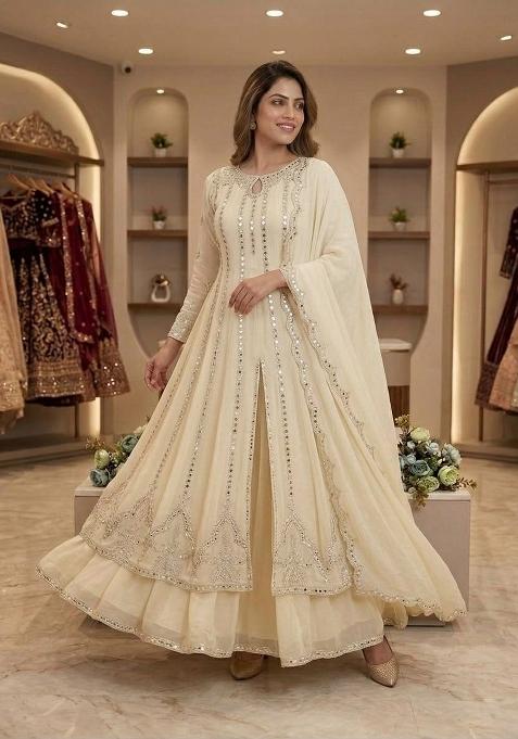 Warm Cream Embroidery Georgette Anarkali Set