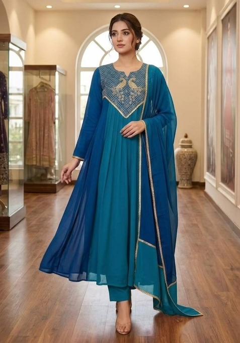 Blue Embroidery Chanderi Anarkali Set